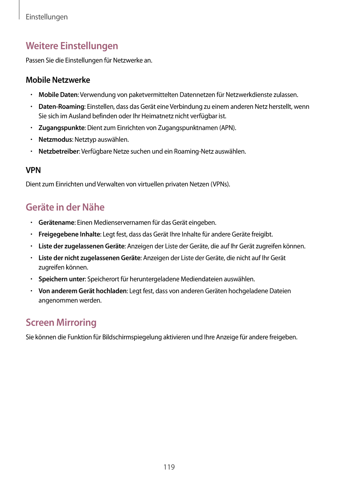 Samsung SM-P6050ZKAVD2, SM-P6050ZKAITV manual Weitere Einstellungen, Geräte in der Nähe, Screen Mirroring, Mobile Netzwerke 