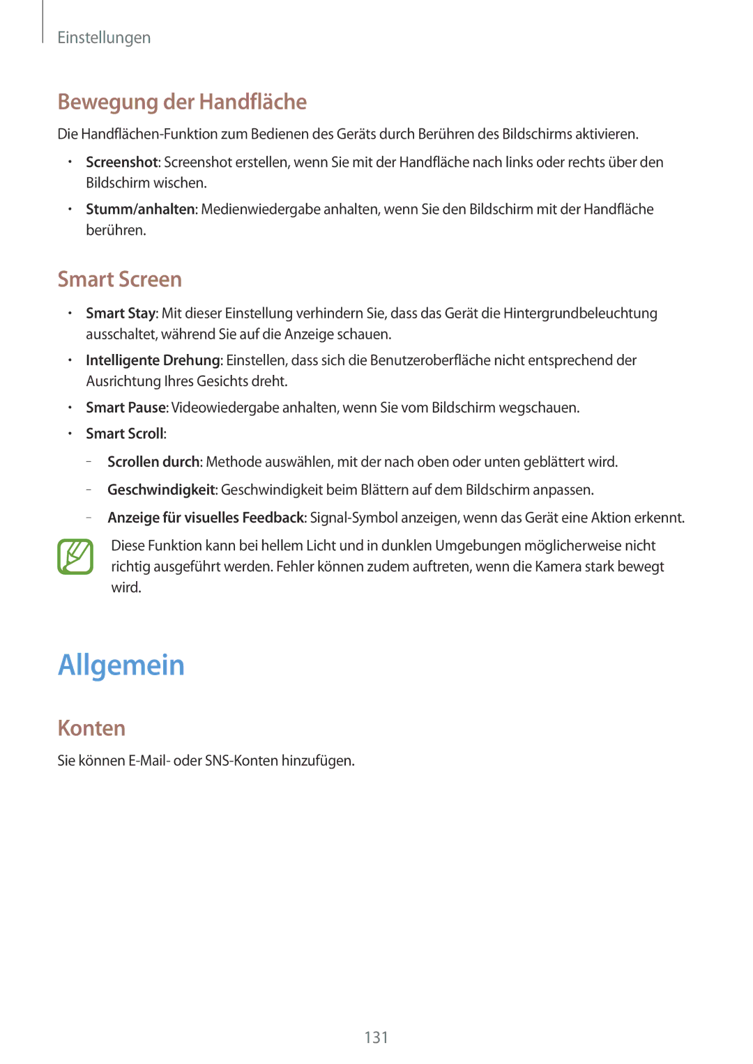 Samsung SM-P6050ZKADRE, SM-P6050ZKAITV manual Allgemein, Bewegung der Handfläche, Smart Screen, Konten, Smart Scroll 