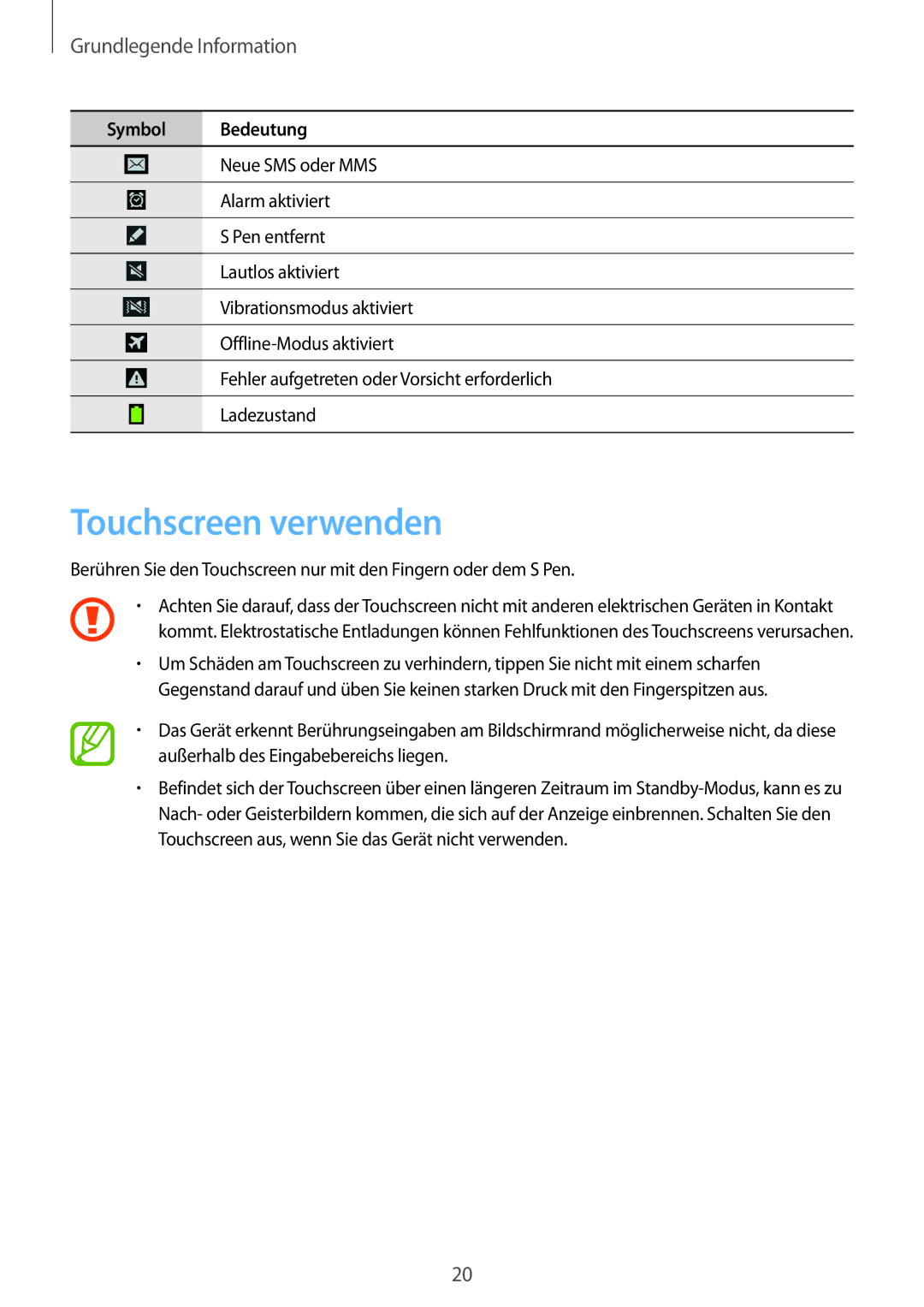 Samsung SM-P6050ZWEDBT, SM-P6050ZKAITV, SM-P6050ZKEDBT, SM-P6050ZWASEB manual Touchscreen verwenden, Grundlegende Information 