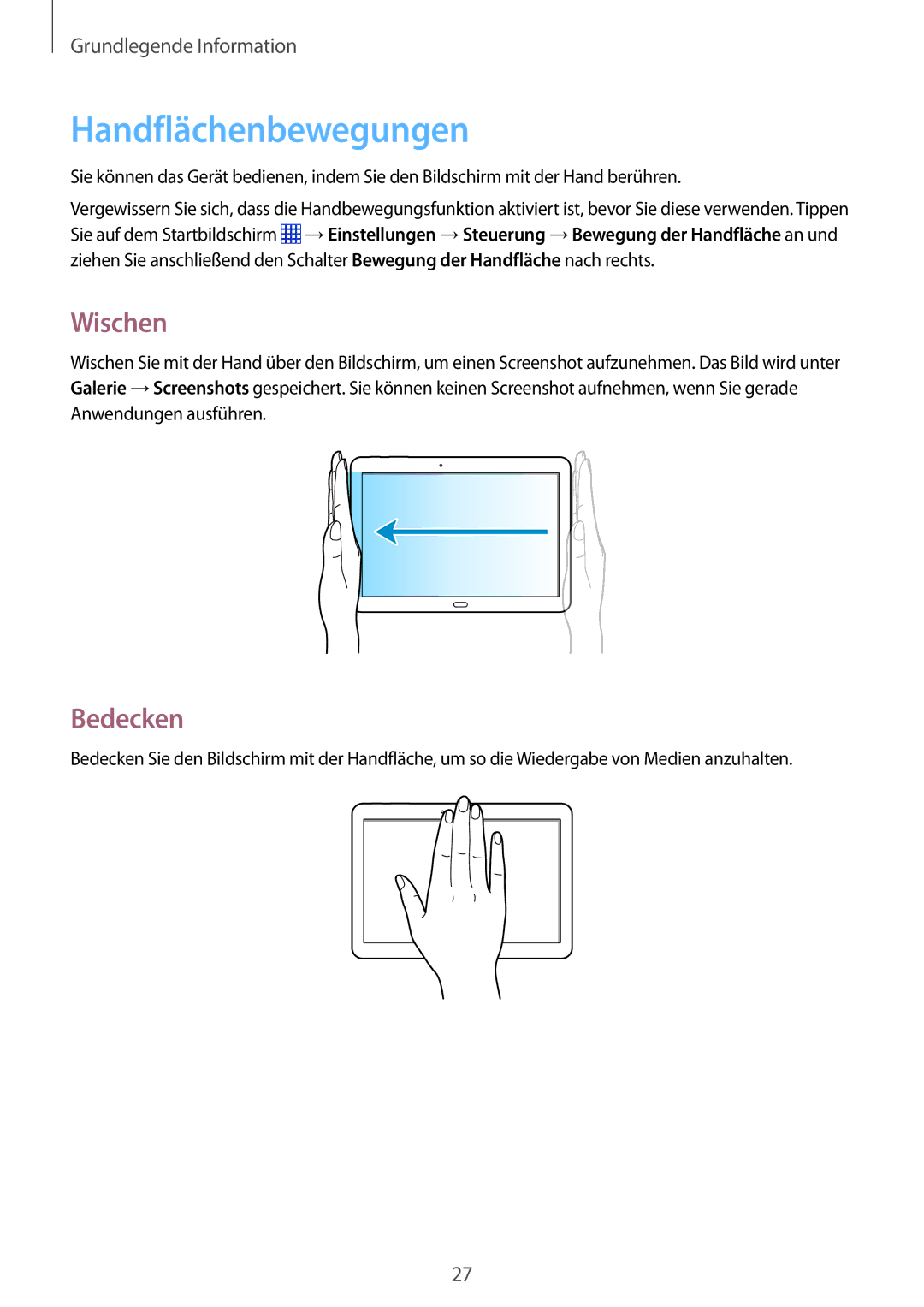 Samsung SM-P6050ZKASEB, SM-P6050ZKAITV, SM-P6050ZKEDBT, SM-P6050ZWEDBT manual Handflächenbewegungen, Wischen, Bedecken 