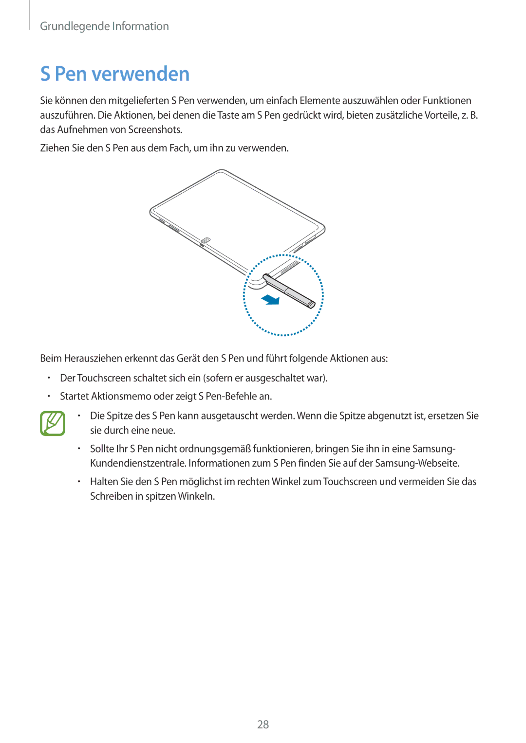 Samsung SM-P6050ZWAATO, SM-P6050ZKAITV, SM-P6050ZKEDBT, SM-P6050ZWEDBT, SM-P6050ZWASEB, SM-P6050ZWADBT manual Pen verwenden 