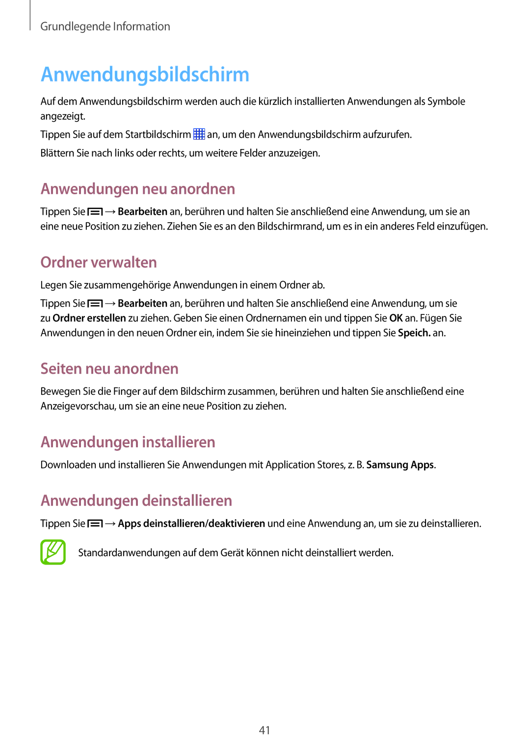Samsung SM-P6050ZKADRE manual Anwendungsbildschirm, Anwendungen neu anordnen, Ordner verwalten, Anwendungen installieren 