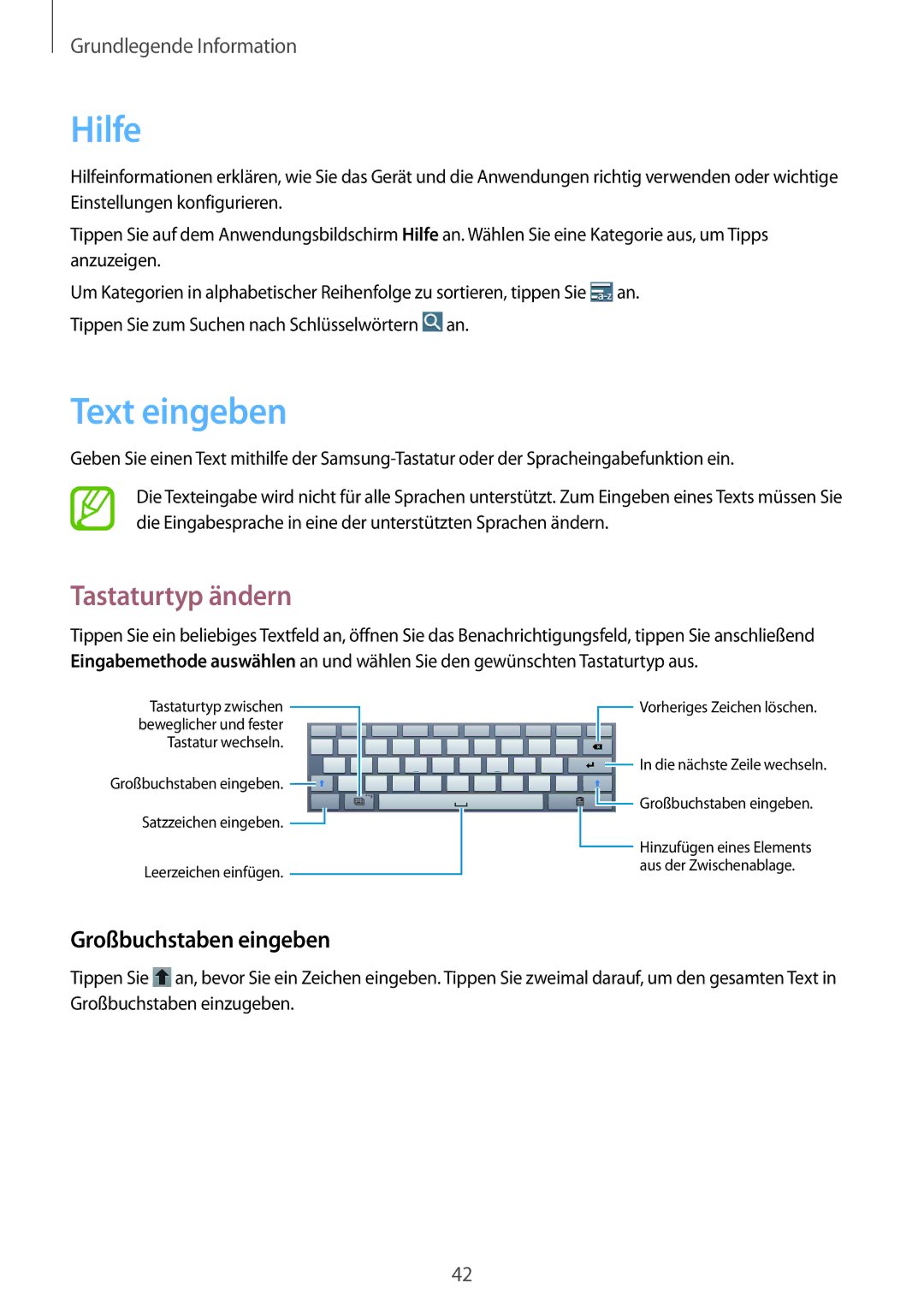 Samsung SM-P6050ZWAITV, SM-P6050ZKAITV, SM-P6050ZKEDBT Hilfe, Text eingeben, Tastaturtyp ändern, Großbuchstaben eingeben 