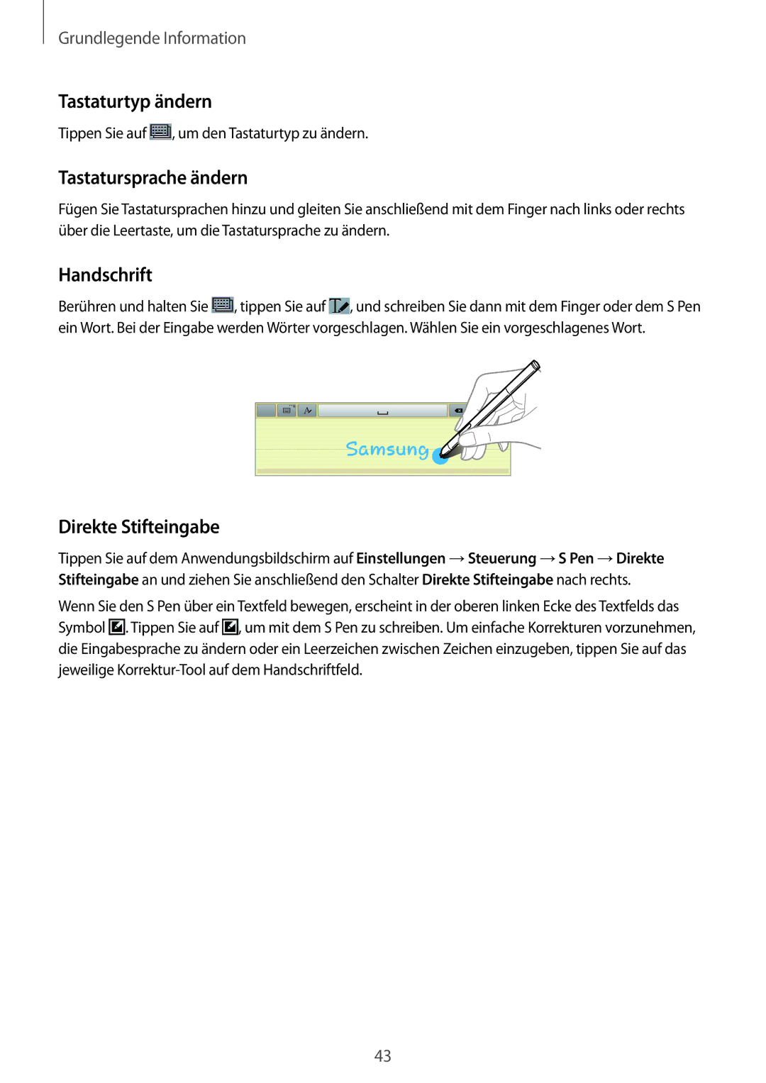 Samsung SM-P6050ZKATMN, SM-P6050ZKAITV manual Tastaturtyp ändern, Tastatursprache ändern, Handschrift, Direkte Stifteingabe 