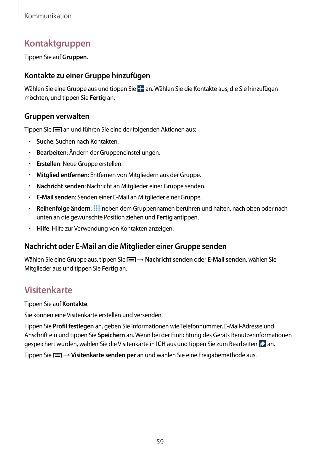 Samsung SM-P6050ZKADRE manual Kontaktgruppen, Visitenkarte, Kontakte zu einer Gruppe hinzufügen, Gruppen verwalten 