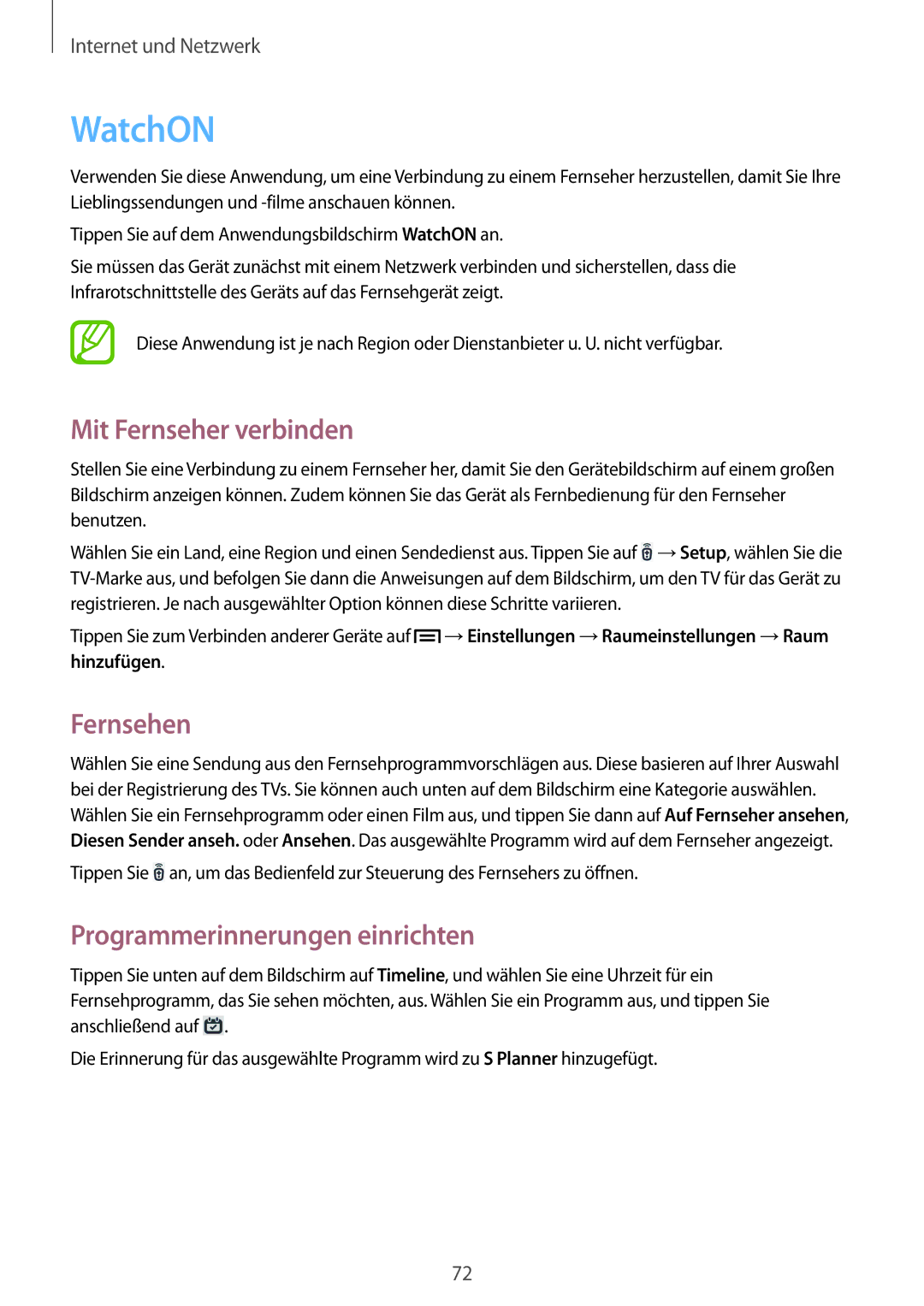 Samsung SM-P6050ZKAITV manual WatchON, Mit Fernseher verbinden, Fernsehen, Programmerinnerungen einrichten, Hinzufügen 