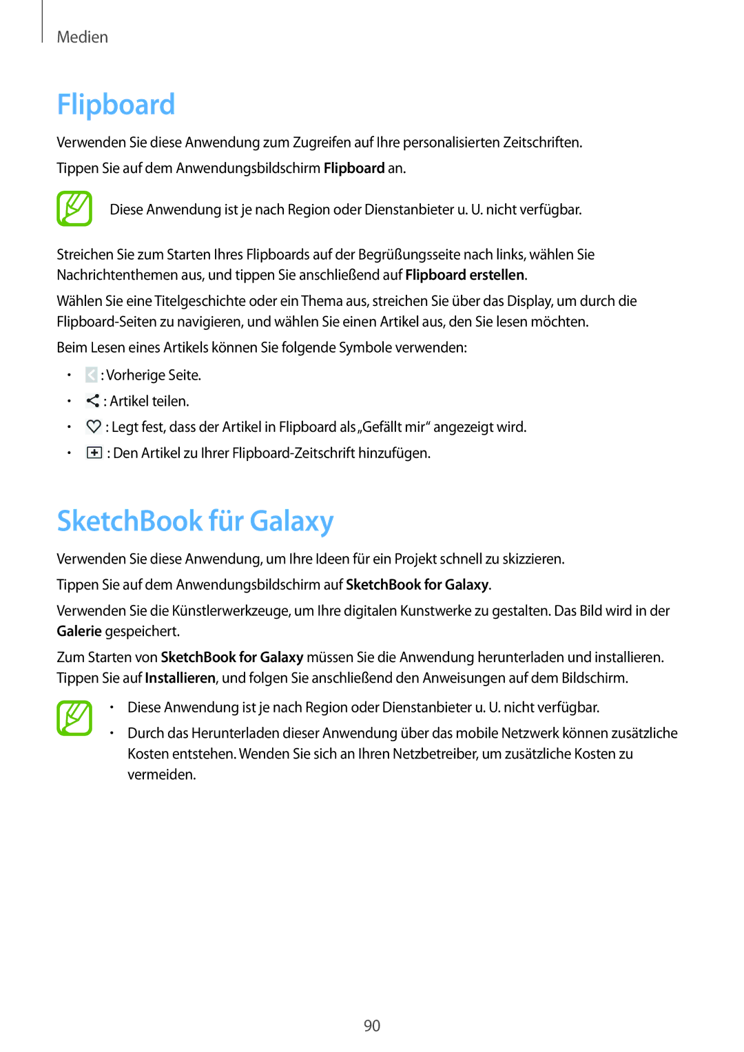 Samsung SM-P6050ZKAITV, SM-P6050ZKEDBT, SM-P6050ZWEDBT, SM-P6050ZWASEB, SM-P6050ZWADBT manual Flipboard, SketchBook für Galaxy 