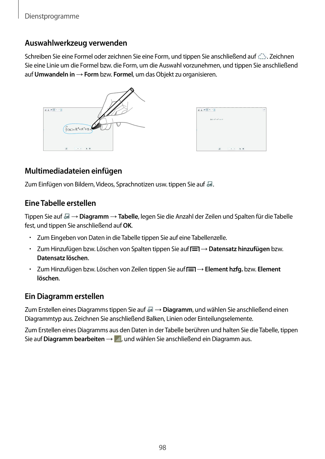 Samsung SM-P6050ZWAEUR, SM-P6050ZKAITV manual Auswahlwerkzeug verwenden, Multimediadateien einfügen, Eine Tabelle erstellen 