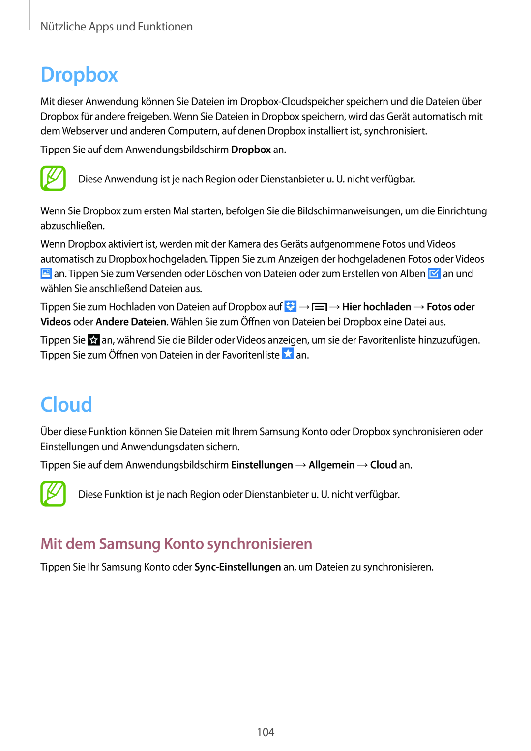 Samsung SM-P6050ZKAEUR manual Dropbox, Cloud, Mit dem Samsung Konto synchronisieren, Nützliche Apps und Funktionen 