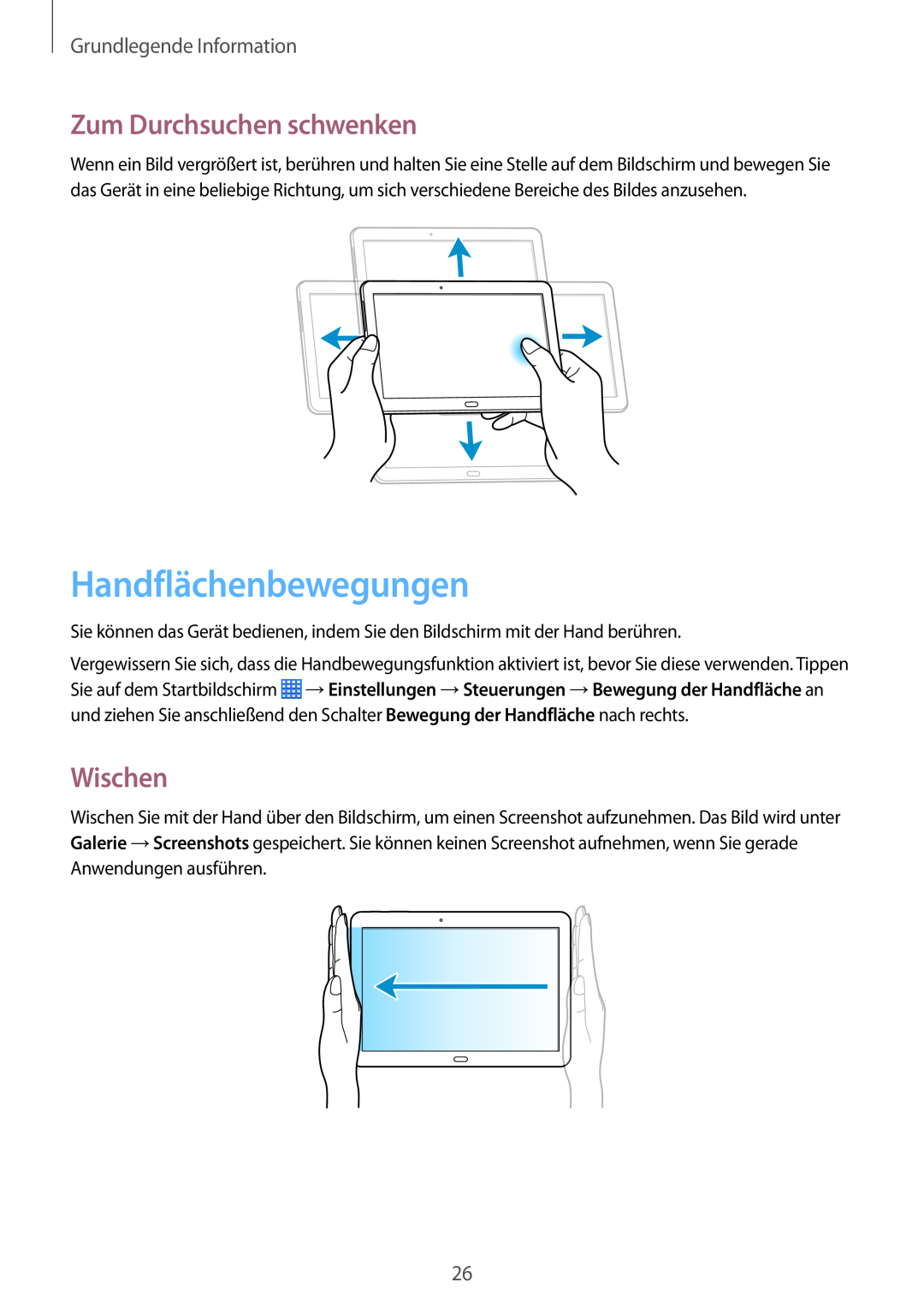 Samsung SM-P6050ZWAEUR, SM-P6050ZKAITV Handflächenbewegungen, Zum Durchsuchen schwenken, Wischen, Grundlegende Information 