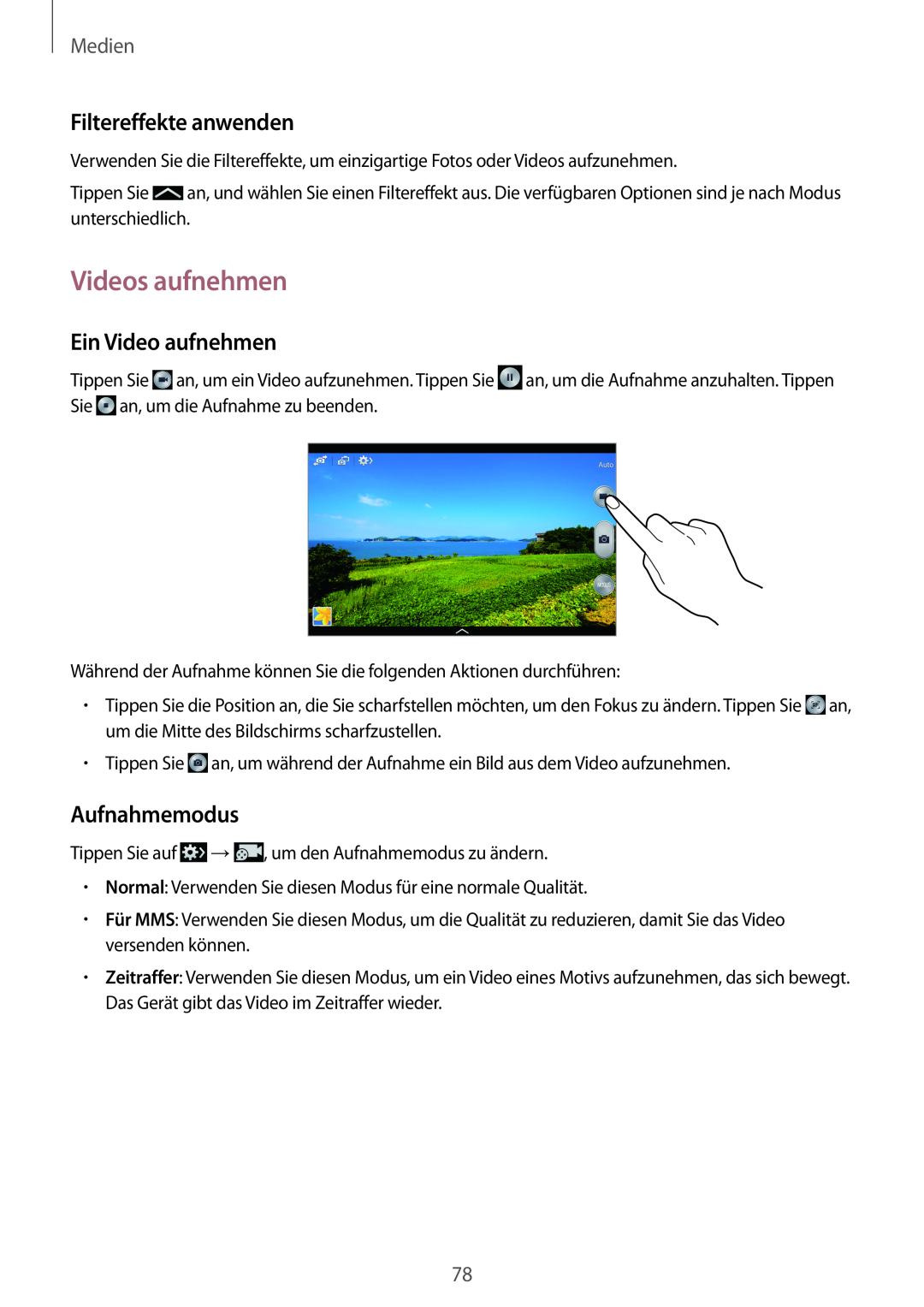 Samsung SM-P6050ZWAITV manual Videos aufnehmen, Filtereffekte anwenden, Ein Video aufnehmen, Aufnahmemodus, Medien 