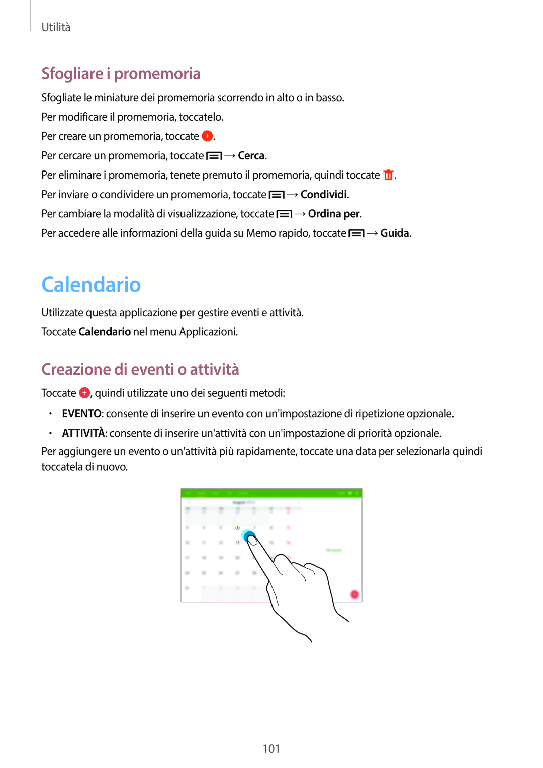 Samsung SM-P6050ZKAXEF, SM-P6050ZKAITV manual Calendario, Sfogliare i promemoria, Creazione di eventi o attività, →Condividi 