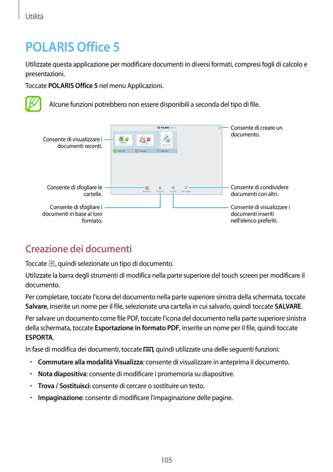 Samsung SM-P6050ZKATIM, SM-P6050ZKAITV, SM-P6050ZWAITV, SM-P6050ZKAXEF manual Polaris Office, Creazione dei documenti 