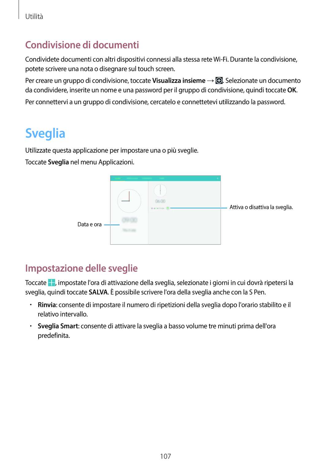 Samsung SM-P6050ZKAOMN, SM-P6050ZKAITV, SM-P6050ZWAITV manual Sveglia, Condivisione di documenti, Impostazione delle sveglie 