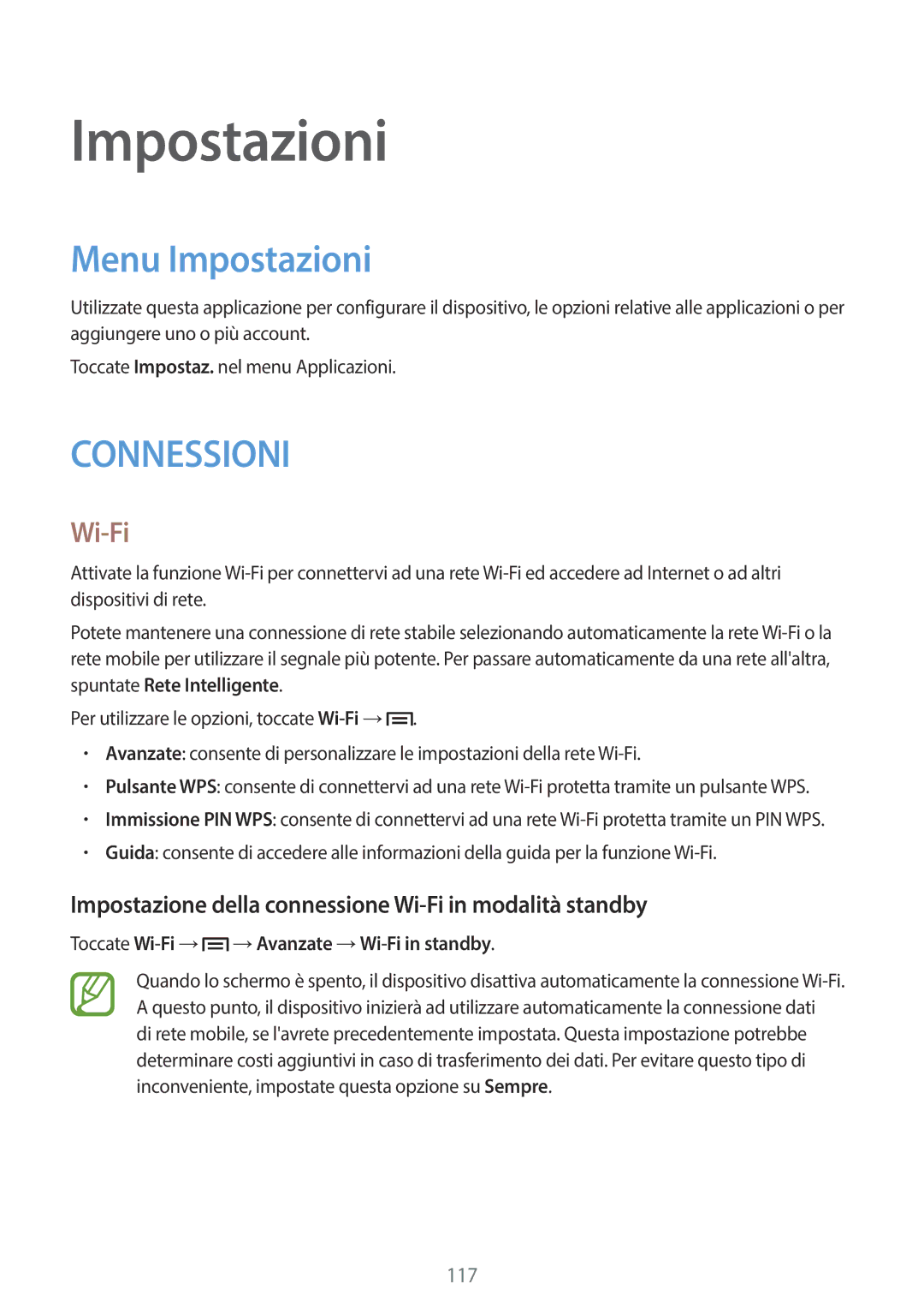 Samsung SM-P6050ZKAITV, SM-P6050ZWAITV Menu Impostazioni, Impostazione della connessione Wi-Fi in modalità standby 