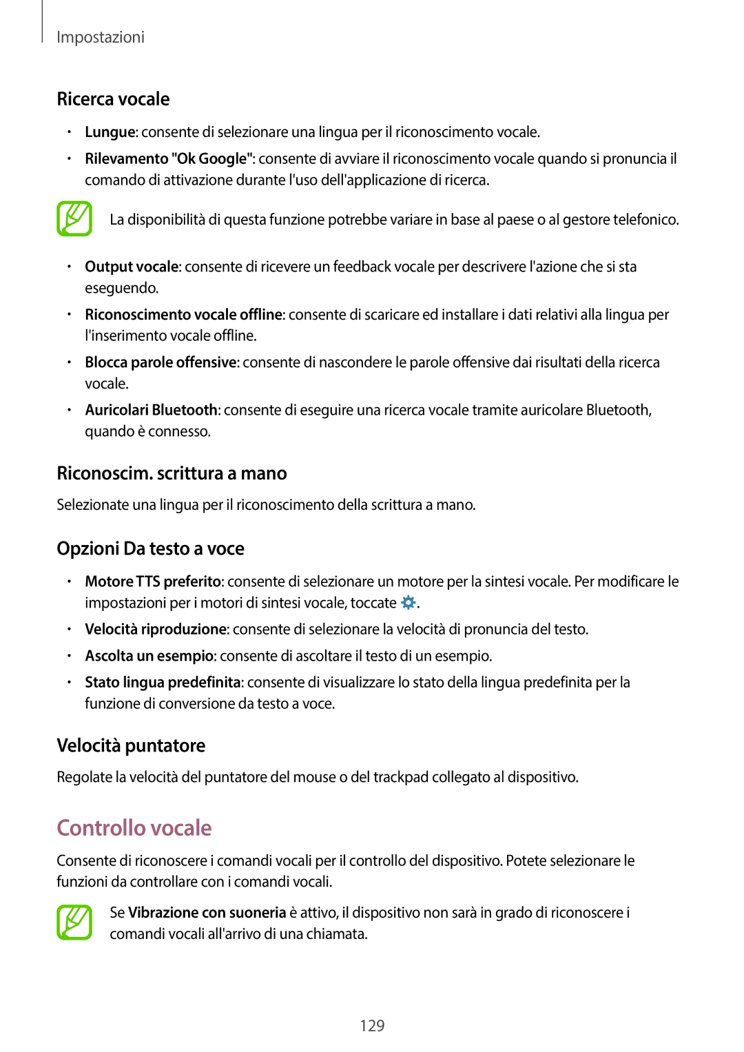 Samsung SM-P6050ZWATIM manual Controllo vocale, Ricerca vocale, Riconoscim. scrittura a mano, Opzioni Da testo a voce 