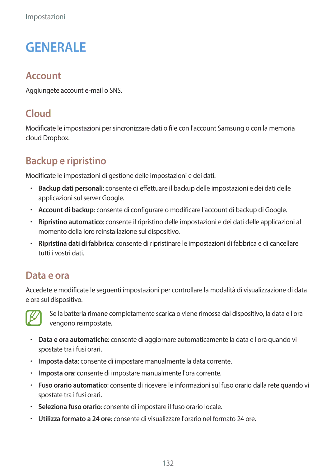 Samsung SM-P6050ZKATIM, SM-P6050ZKAITV, SM-P6050ZWAITV, SM-P6050ZKAXEF manual Account, Cloud, Backup e ripristino, Data e ora 