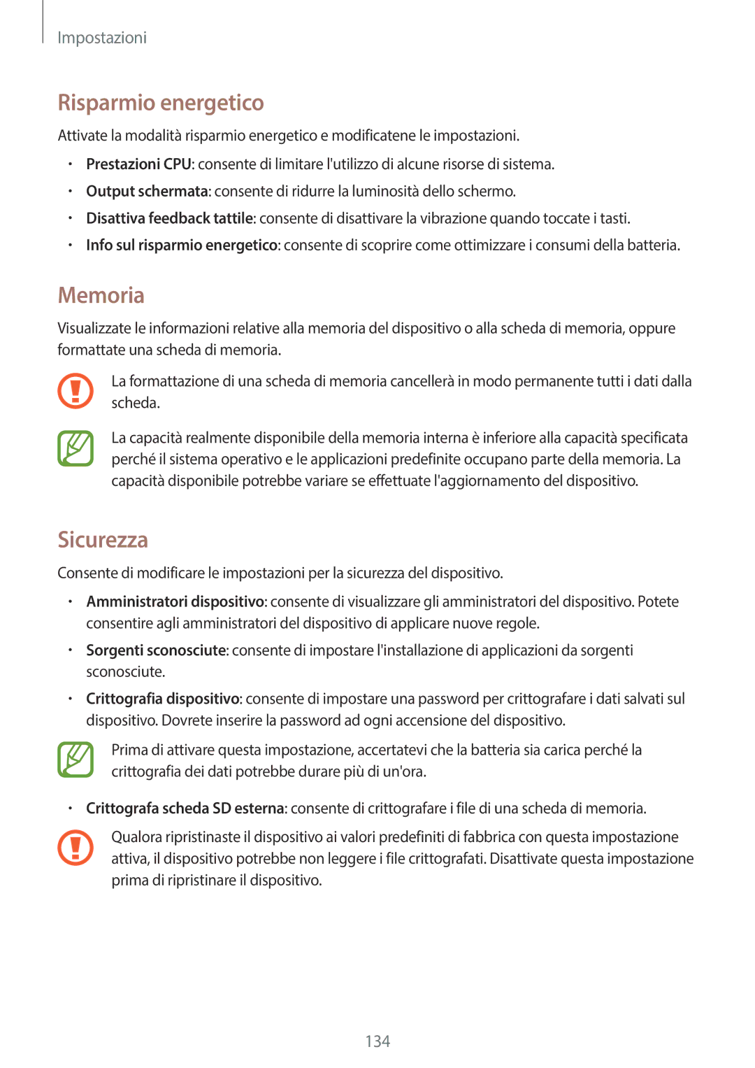 Samsung SM-P6050ZKAOMN, SM-P6050ZKAITV, SM-P6050ZWAITV, SM-P6050ZKAXEF manual Risparmio energetico, Memoria, Sicurezza 