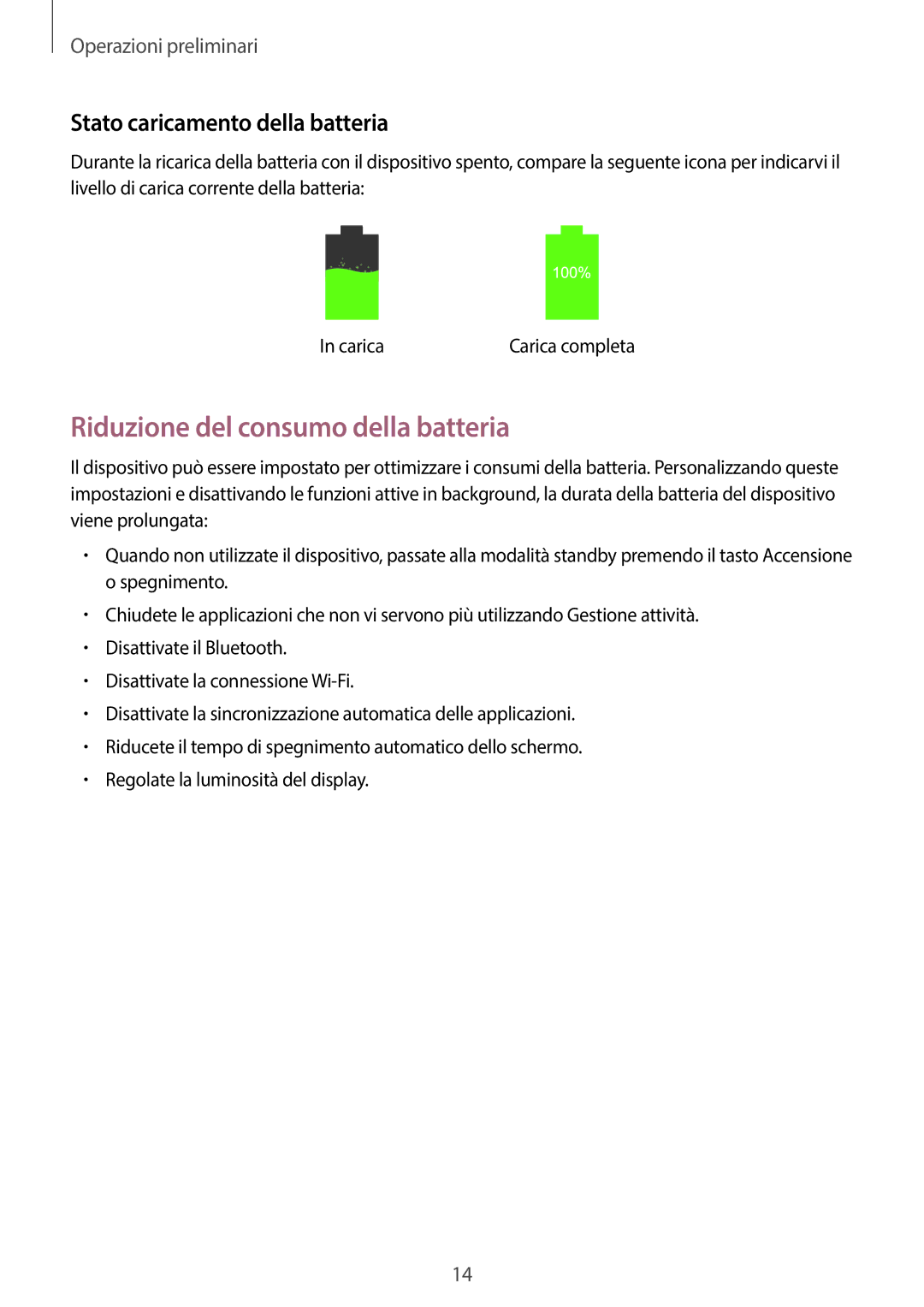 Samsung SM-P6050ZKEOMN, SM-P6050ZKAITV manual Riduzione del consumo della batteria, Stato caricamento della batteria 