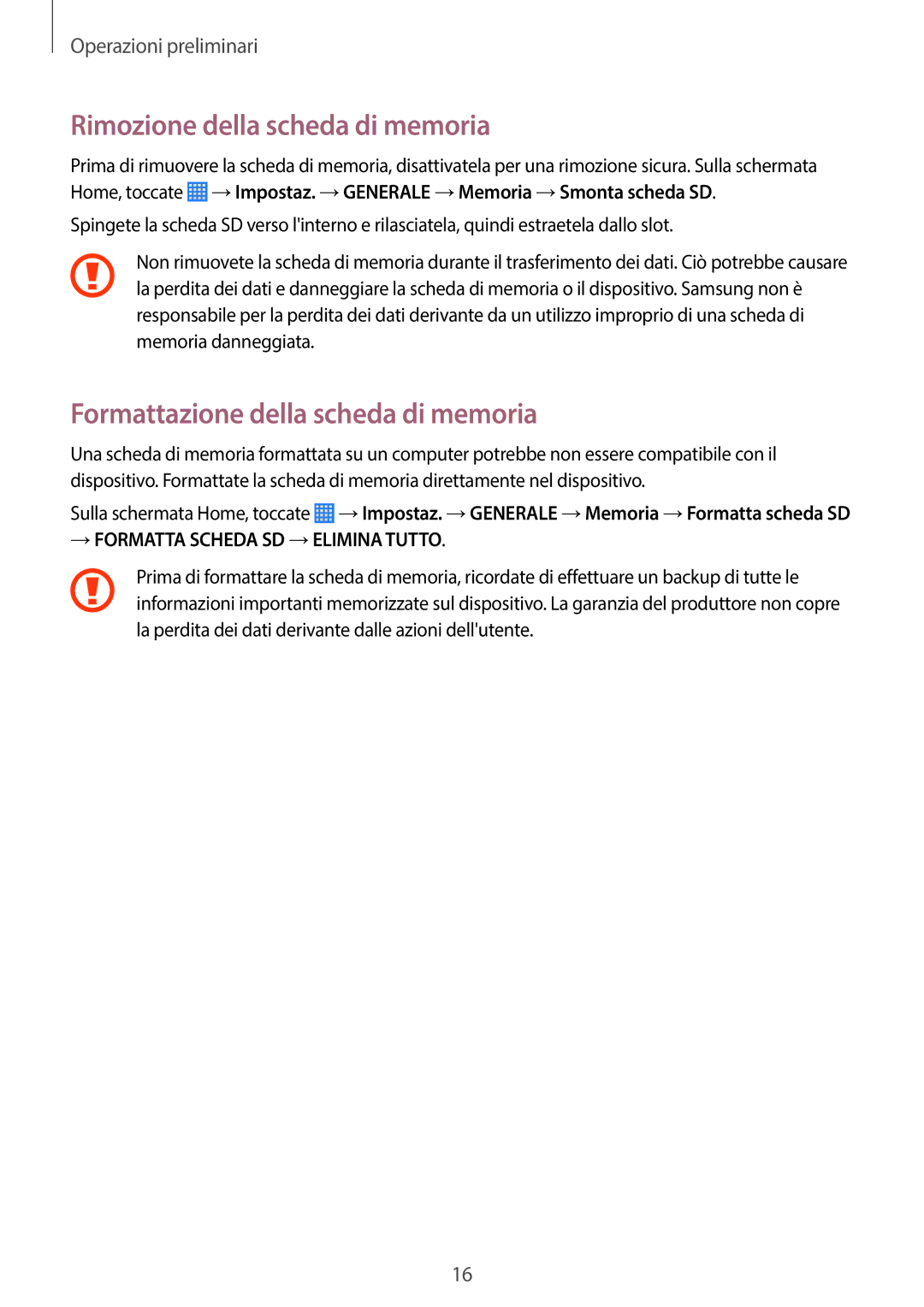 Samsung SM-P6050ZWAHUI, SM-P6050ZKAITV manual Rimozione della scheda di memoria, Formattazione della scheda di memoria 