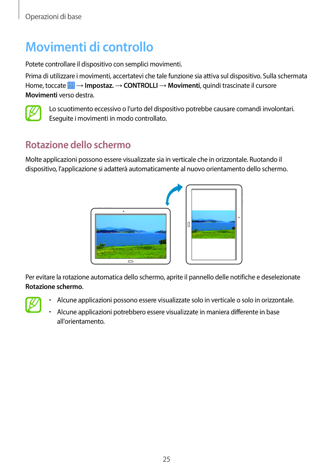 Samsung SM-P6050ZWAHUI, SM-P6050ZKAITV, SM-P6050ZWAITV, SM-P6050ZKAXEF manual Movimenti di controllo, Rotazione dello schermo 