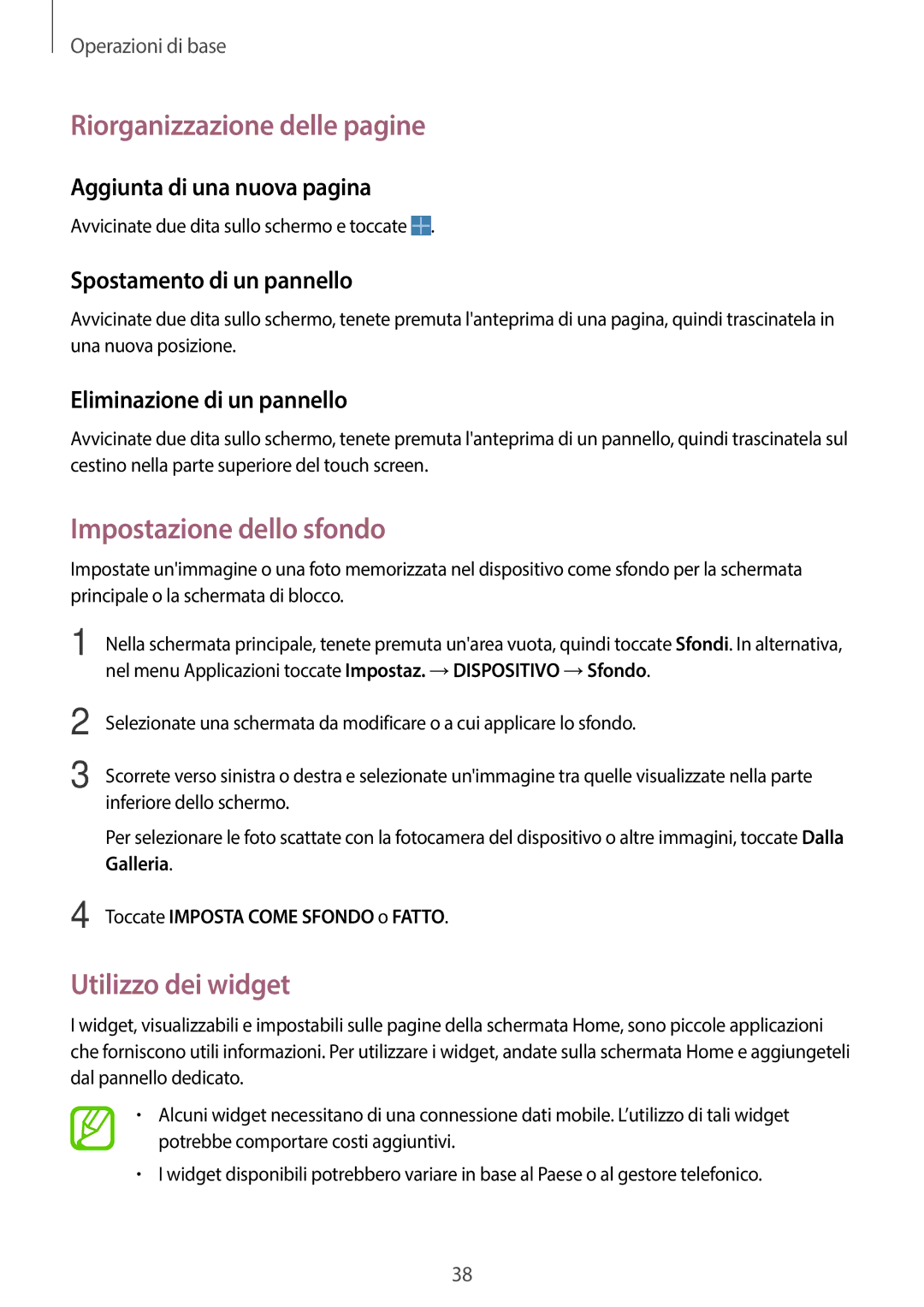 Samsung SM-P6050ZKAXEF, SM-P6050ZKAITV manual Riorganizzazione delle pagine, Impostazione dello sfondo, Utilizzo dei widget 