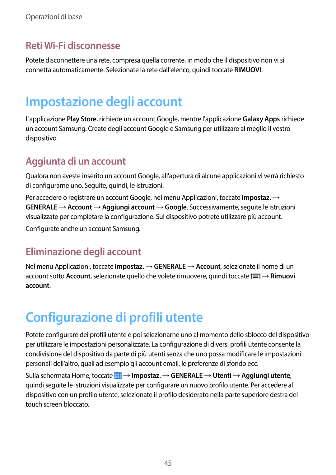 Samsung SM-P6050ZKAITV manual Impostazione degli account, Configurazione di profili utente, Reti Wi-Fi disconnesse 