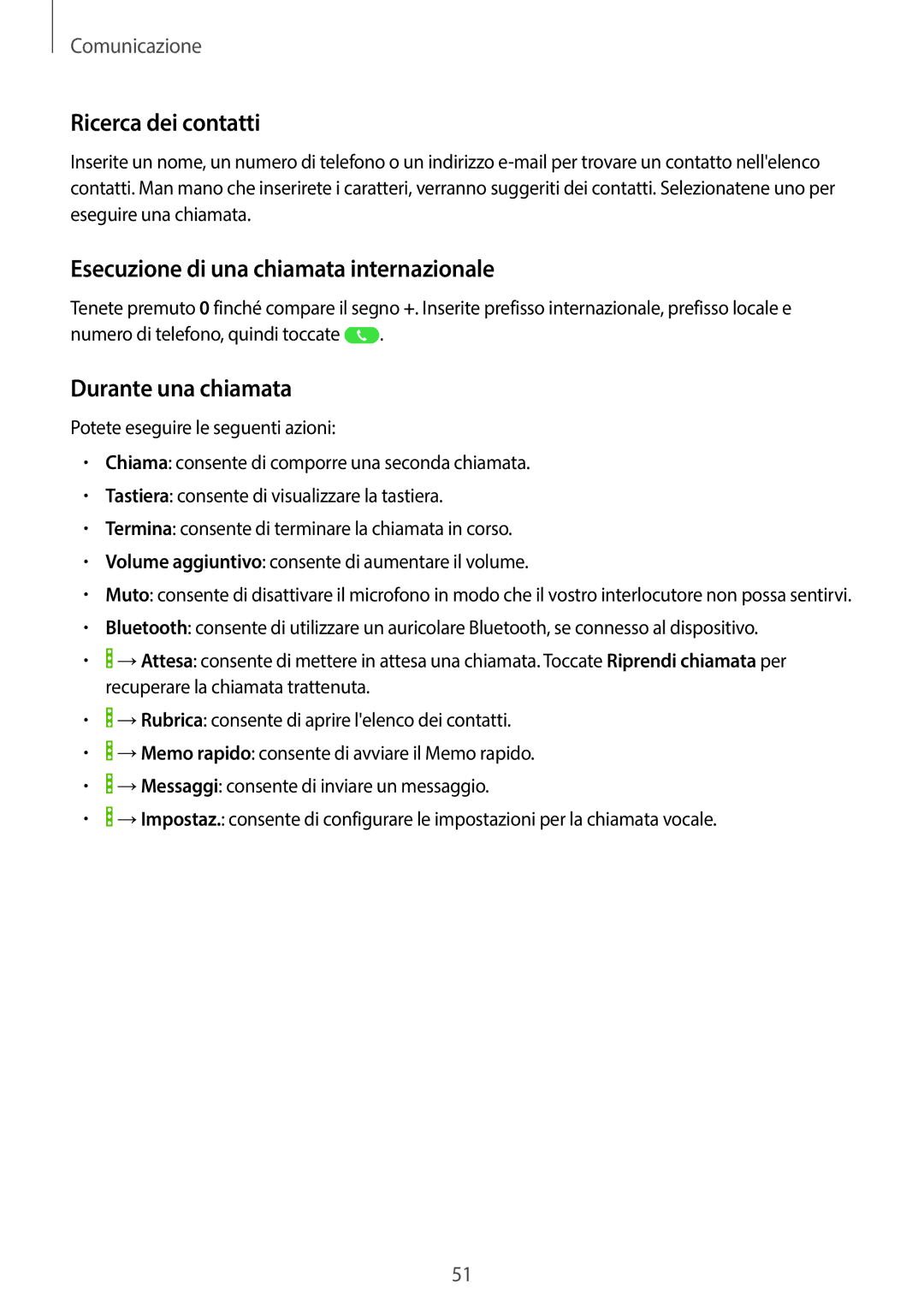 Samsung SM-P6050ZKATIM manual Ricerca dei contatti, Esecuzione di una chiamata internazionale, Durante una chiamata 