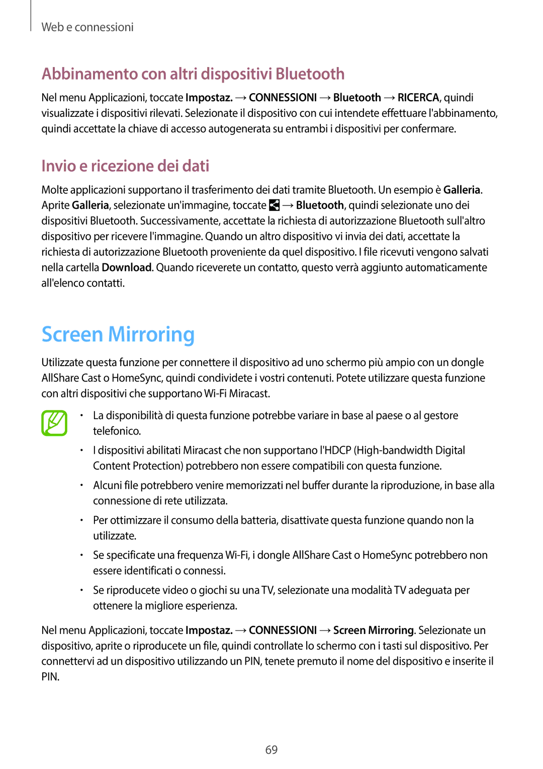 Samsung SM-P6050ZKATIM manual Screen Mirroring, Abbinamento con altri dispositivi Bluetooth, Invio e ricezione dei dati 