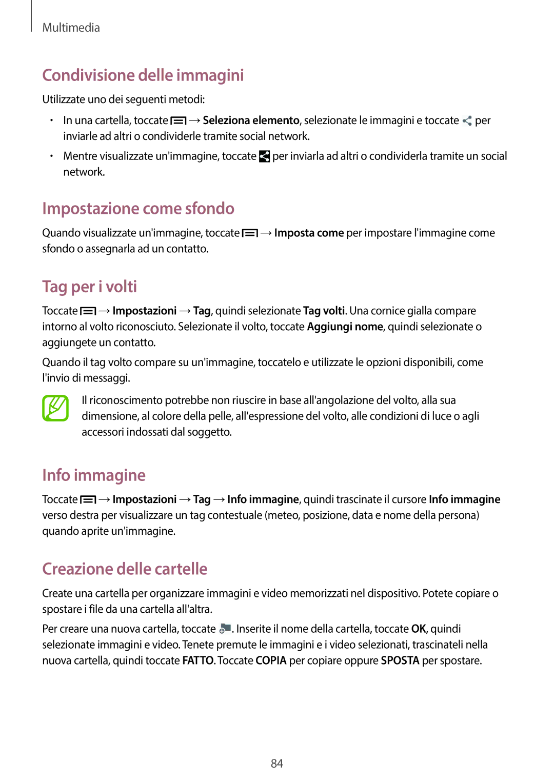 Samsung SM-P6050ZWATIM manual Condivisione delle immagini, Impostazione come sfondo, Tag per i volti, Info immagine 