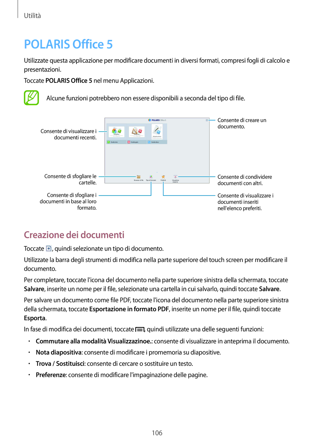 Samsung SM-P6050ZWAHUI, SM-P6050ZKAITV, SM-P6050ZWAITV, SM-P6050ZKAXEF manual Polaris Office, Creazione dei documenti 