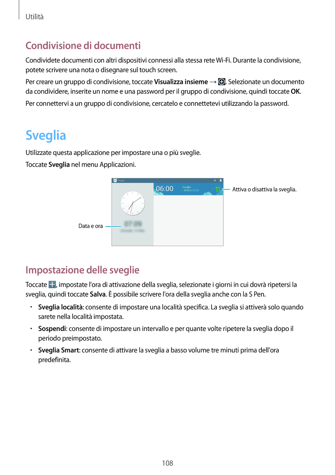 Samsung SM-P6050ZKAITV, SM-P6050ZWAITV, SM-P6050ZKAXEF manual Sveglia, Condivisione di documenti, Impostazione delle sveglie 