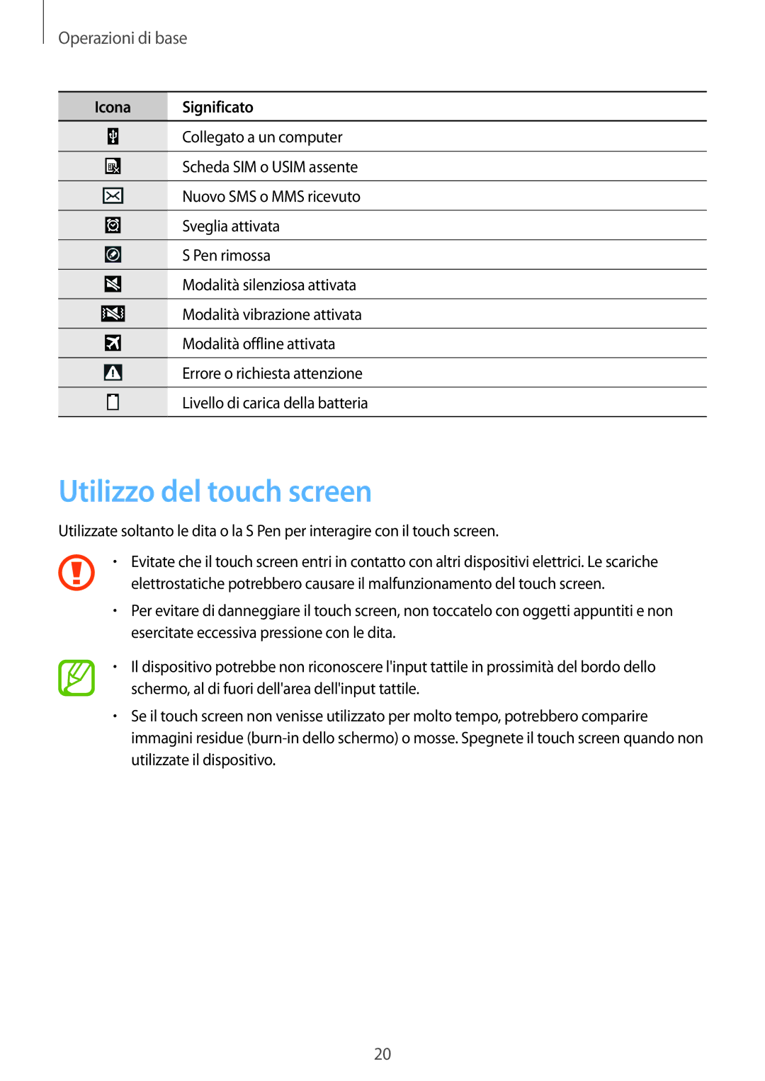 Samsung SM-P6050ZKAXEF, SM-P6050ZKAITV, SM-P6050ZWAITV, SM-P6050ZWATIM manual Utilizzo del touch screen, Operazioni di base 