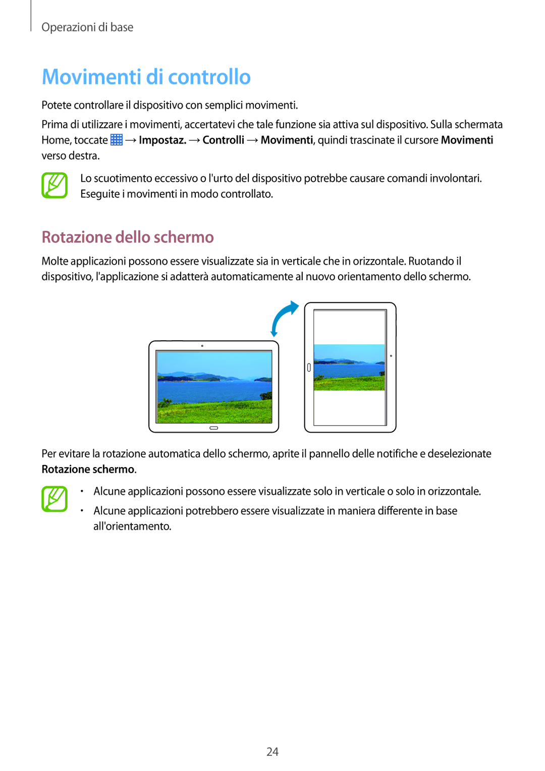 Samsung SM-P6050ZKATIM, SM-P6050ZKAITV, SM-P6050ZWAITV, SM-P6050ZKAXEF manual Movimenti di controllo, Rotazione dello schermo 