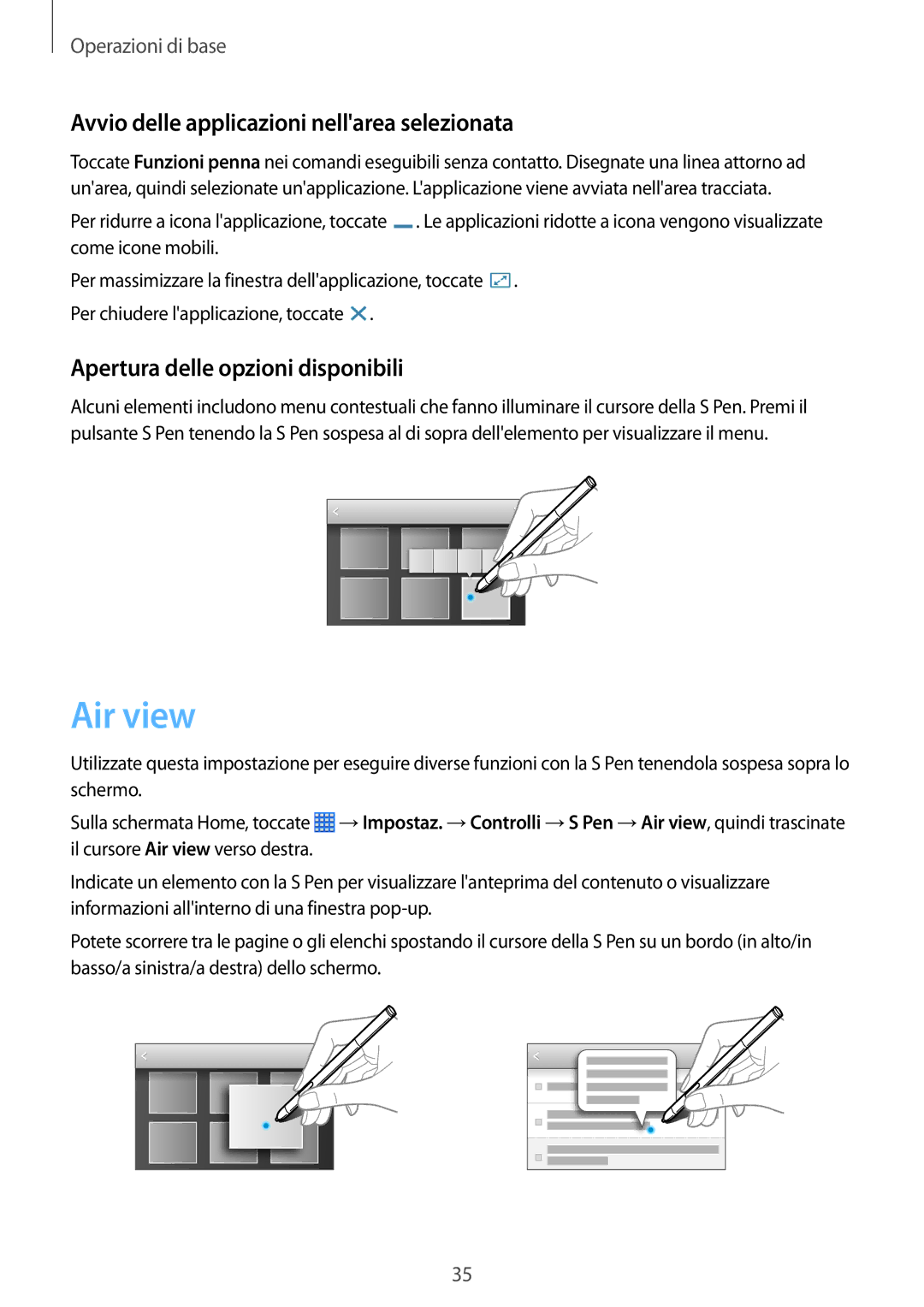 Samsung SM-P6050ZKAOMN manual Air view, Avvio delle applicazioni nellarea selezionata, Apertura delle opzioni disponibili 