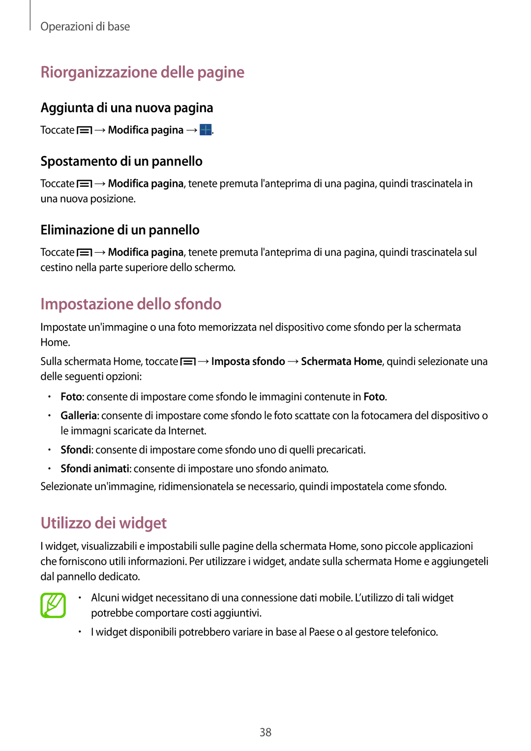 Samsung SM-P6050ZKAXEF, SM-P6050ZKAITV manual Riorganizzazione delle pagine, Impostazione dello sfondo, Utilizzo dei widget 