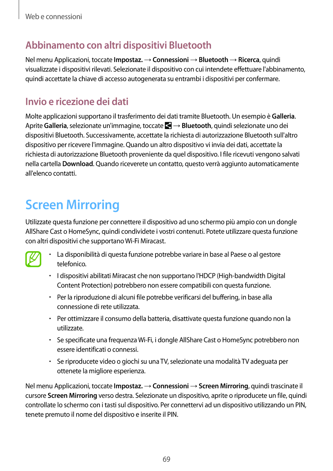 Samsung SM-P6050ZKATIM manual Screen Mirroring, Abbinamento con altri dispositivi Bluetooth, Invio e ricezione dei dati 