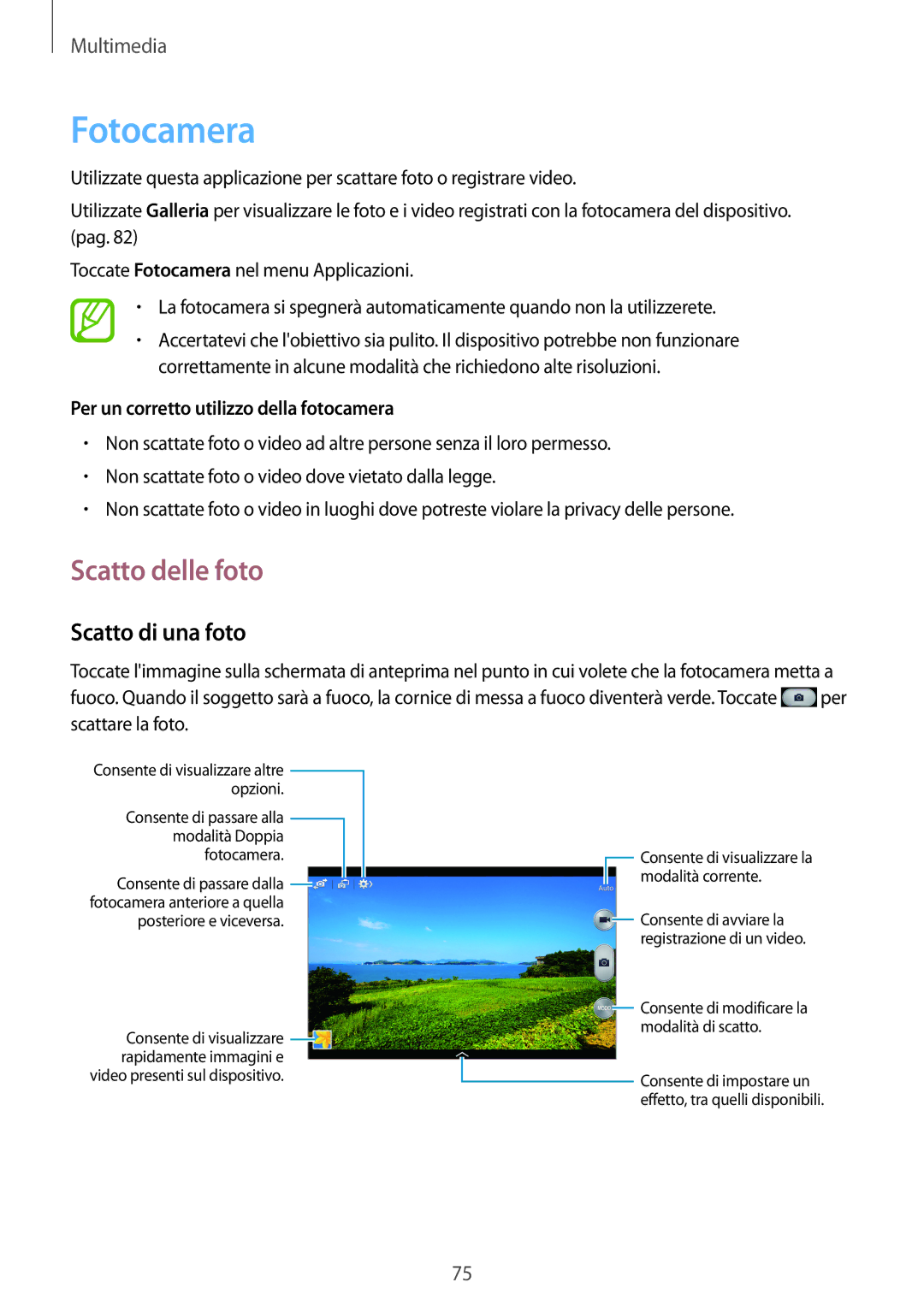 Samsung SM-P6050ZWATIM manual Fotocamera, Scatto delle foto, Scatto di una foto, Per un corretto utilizzo della fotocamera 