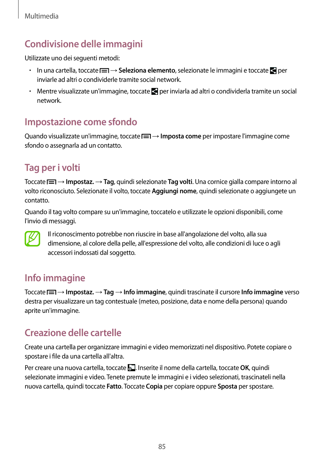 Samsung SM-P6050ZKABTU manual Condivisione delle immagini, Impostazione come sfondo, Tag per i volti, Info immagine 