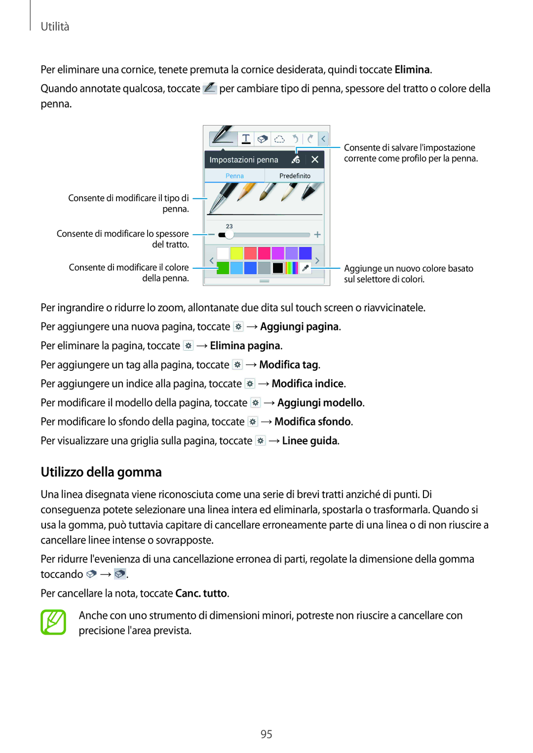 Samsung SM-P6050ZKEOMN, SM-P6050ZKAITV, SM-P6050ZWAITV, SM-P6050ZKAXEF, SM-P6050ZWATIM manual Utilizzo della gomma, Utilità 