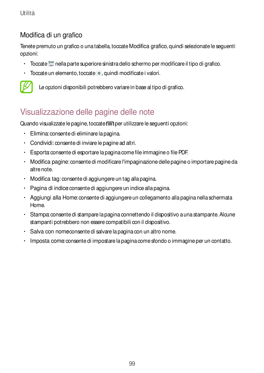 Samsung SM-P6050ZKAITV, SM-P6050ZWAITV, SM-P6050ZKAXEF manual Visualizzazione delle pagine delle note, Modifica di un grafico 