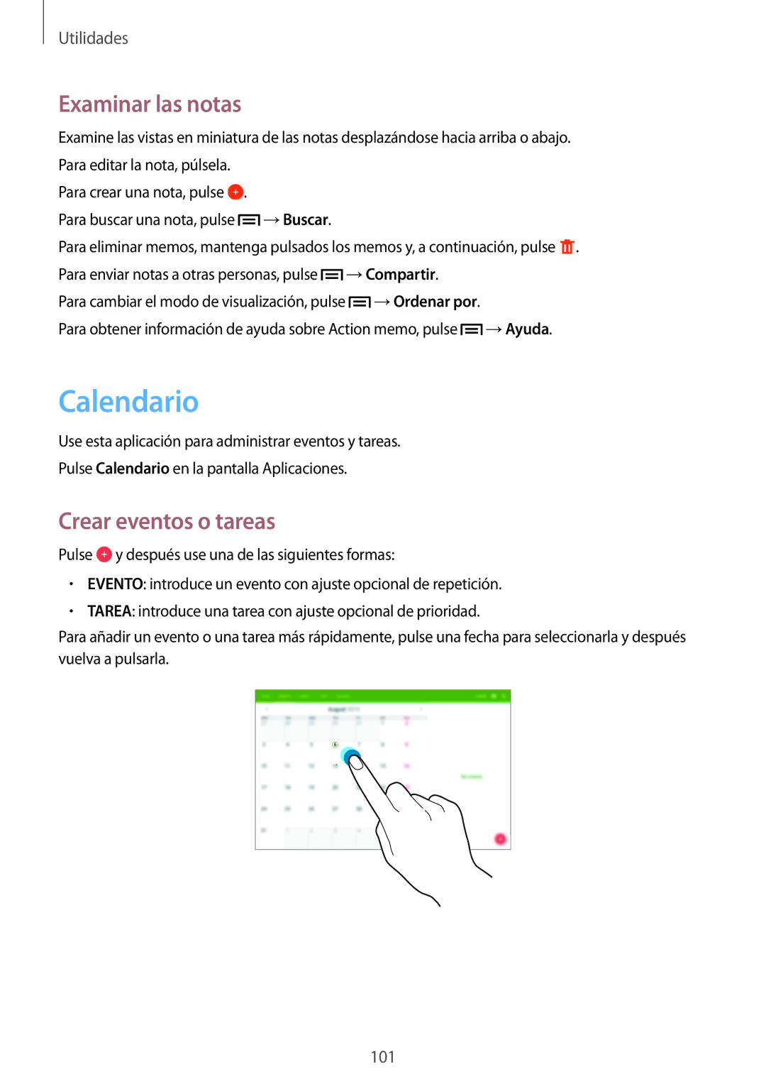 Samsung SM-P6050ZWEPHE, SM-P6050ZKATMN, SM-P6050ZWATPH manual Calendario, Examinar las notas, Crear eventos o tareas 