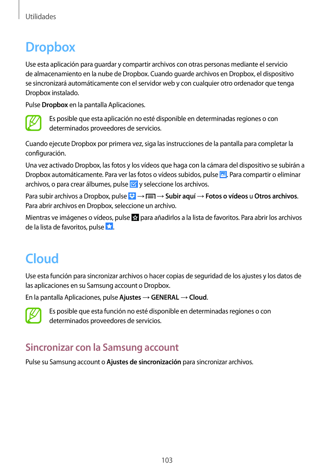 Samsung SM-P6050ZKEPHE, SM-P6050ZKATMN, SM-P6050ZWATPH, SM-P6050ZKADBT Dropbox, Cloud, Sincronizar con la Samsung account 