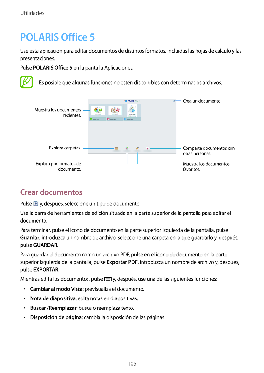 Samsung SM-P6050ZWATPH, SM-P6050ZKATMN, SM-P6050ZKADBT, SM-P6050ZKAPHE, SM-P6050ZWAROM manual Polaris Office, Crear documentos 