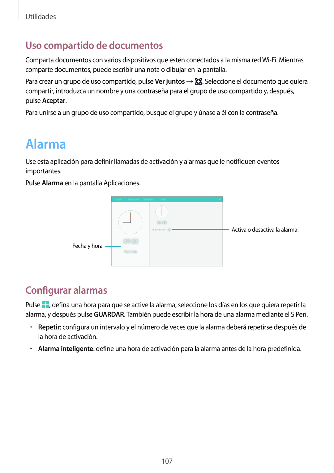 Samsung SM-P6050ZKAPHE, SM-P6050ZKATMN, SM-P6050ZWATPH manual Alarma, Uso compartido de documentos, Configurar alarmas 