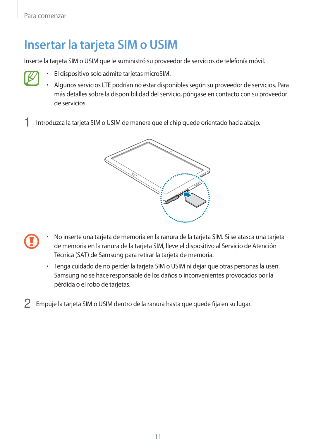 Samsung SM-P6050ZKAPHE, SM-P6050ZKATMN, SM-P6050ZWATPH, SM-P6050ZKADBT, SM-P6050ZWAROM manual Insertar la tarjeta SIM o Usim 