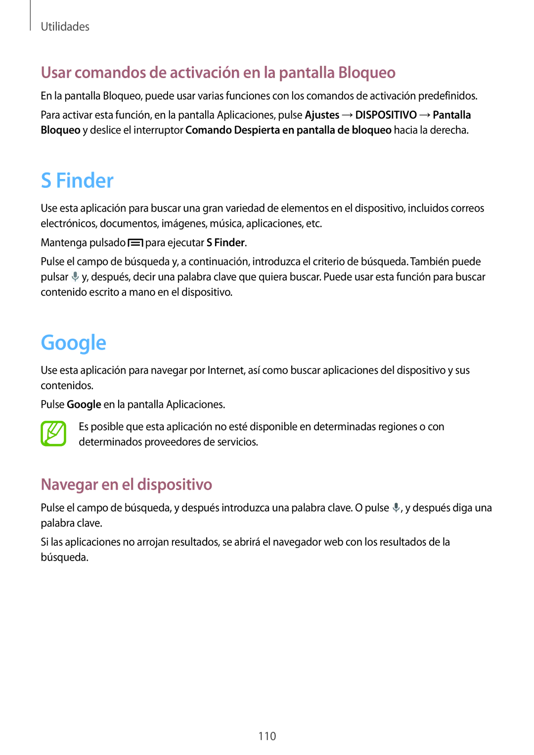 Samsung SM-P6050ZKAXEO manual Finder, Google, Usar comandos de activación en la pantalla Bloqueo, Navegar en el dispositivo 