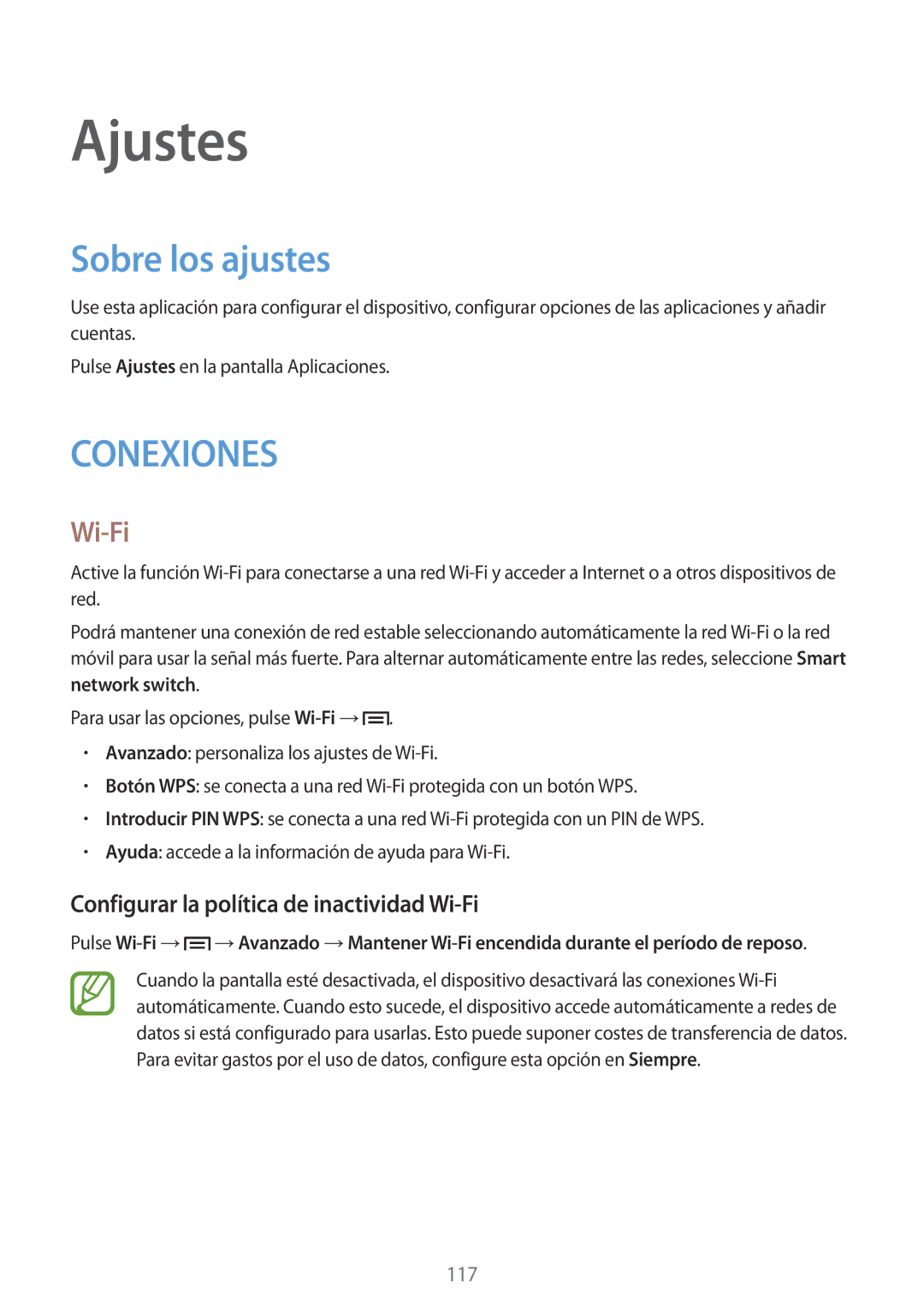 Samsung SM-P6050ZWEPHE, SM-P6050ZKATMN, SM-P6050ZWATPH Sobre los ajustes, Configurar la política de inactividad Wi-Fi 