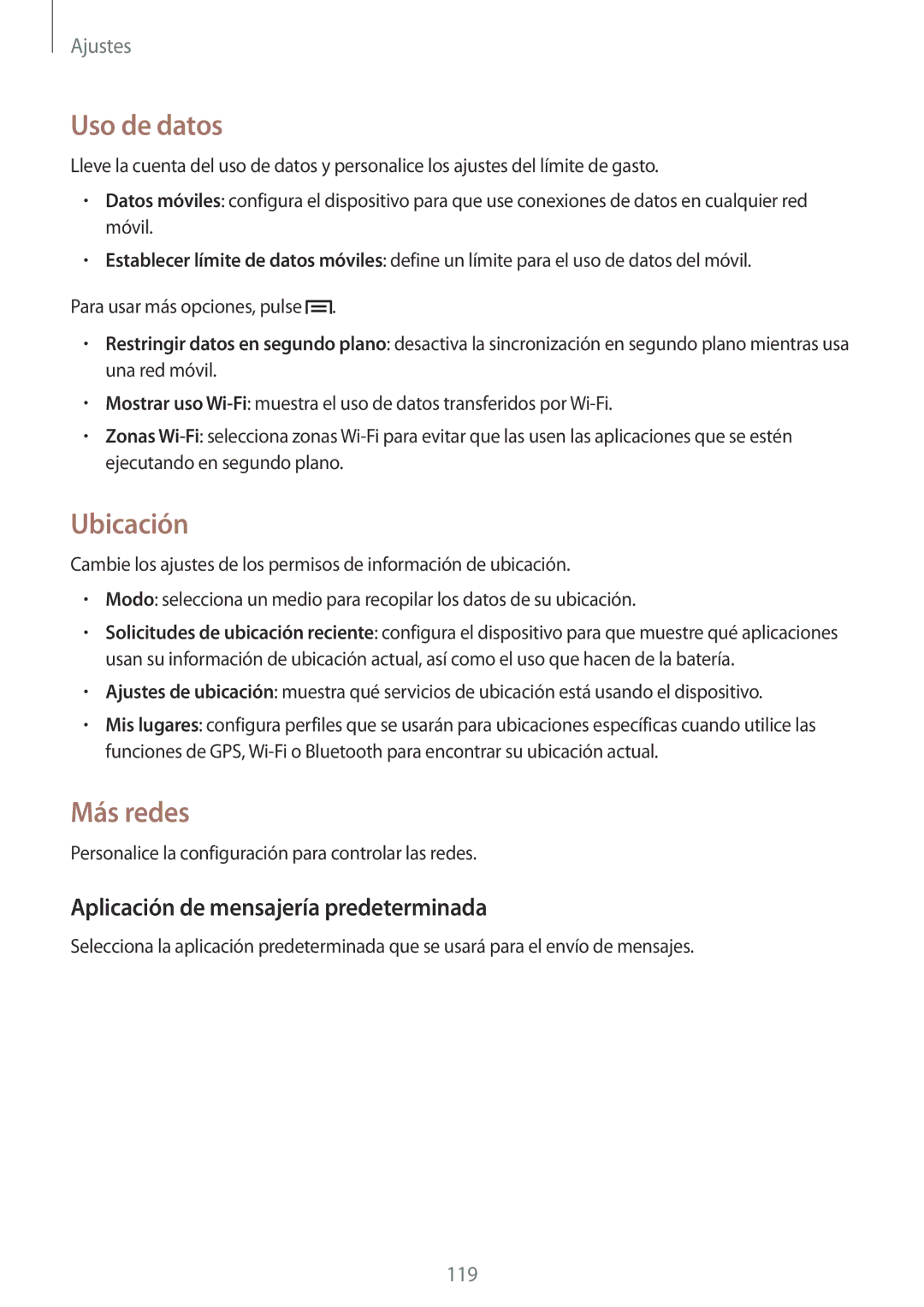 Samsung SM-P6050ZKEPHE, SM-P6050ZKATMN manual Uso de datos, Ubicación, Más redes, Aplicación de mensajería predeterminada 