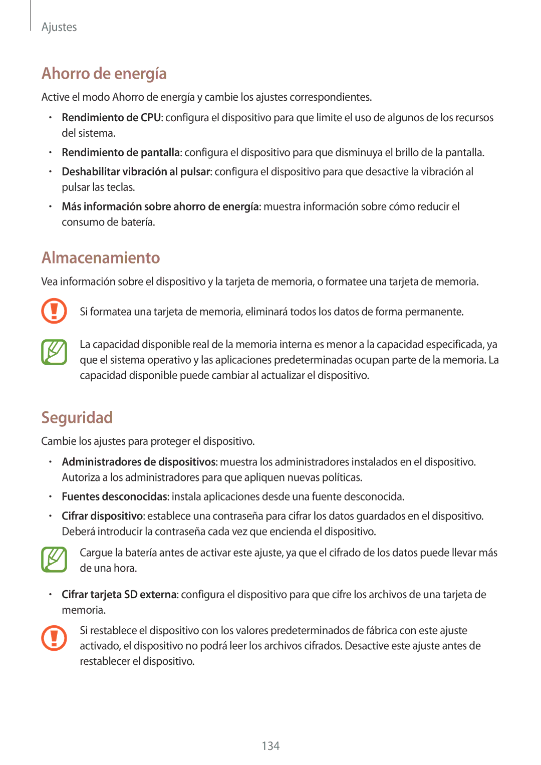 Samsung SM-P6050ZKAXEO, SM-P6050ZKATMN, SM-P6050ZWATPH, SM-P6050ZKADBT manual Ahorro de energía, Almacenamiento, Seguridad 